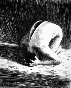 a black and white drawing of a man kneeling down with his head in his hands. the drawing is very detailed and the lines are bold and dark. the man is silhouetted against a dark background, creating a sense of isolation and loneliness.  the image is suggestive of suffering, anguish, and despair.