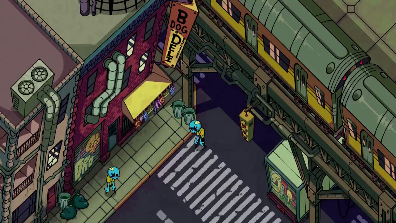 this image is an isometric illustration of an urban street scene. there are two figures with green skin and yellow shirts waiting to cross the street at a crosswalk. above them is an elevated train on tracks. the buildings are tall and narrow with lots of pipes and wires. the colors are muted greens, yellows, and browns. the overall style is cartoonlike with cyberpunk elements.