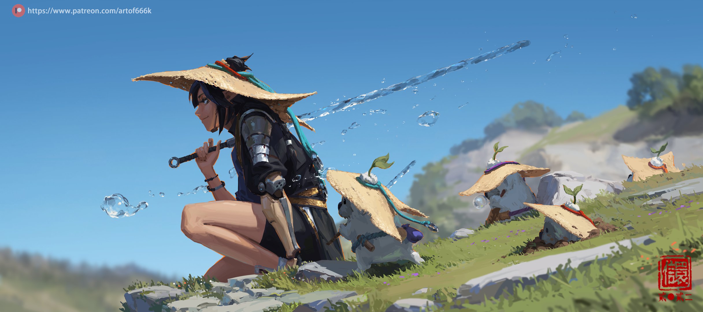 the image is a digital painting depicting a female animestyle warrior crouching on a rocky hillside. she is wearing a large straw hat, armor, and a cybernetic arm.  a trail of water splashes extends behind her, suggesting movement. she's holding what appears to be a sword or similar weapon.  beside her are three small, plantlike creatures wearing miniature straw hats, which seem to be her companions. the background is a bright, sunny landscape with mountains and a clear blue sky. the overall mood is one of peaceful adventure or a journey's end. the artwork has a whimsical yet strong feel. a patreon url is displayed in the top left corner.  a red stamp is present in the bottom right corner, indicating an artist's mark.