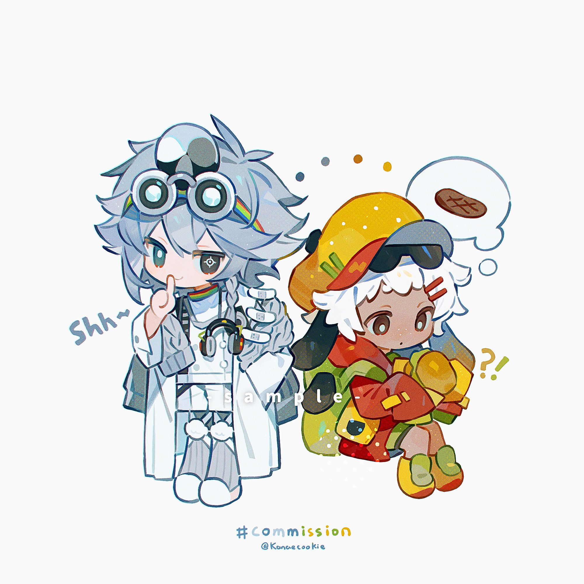 the image is a digital drawing featuring two chibistyle characters, reminiscent of anime or video game art.  the character on the left appears to be inspired by albedo from genshin impact, dressed in a white lab coat and goggles, with white and grey hair.  he is making a "shh" gesture with his finger to his lips.  the character on the right resembles itto from genshin impact, wearing a yellow burgershaped hat and sunglasses, and a red and orange jacket.  he seems to be holding something (possibly food) and has a thought bubble above his head showing a steak.  the overall style is cute and colorful with a slightly whimsical feel.  the artist's watermark "#commission @konoecookie" indicates the image is a commission sample.