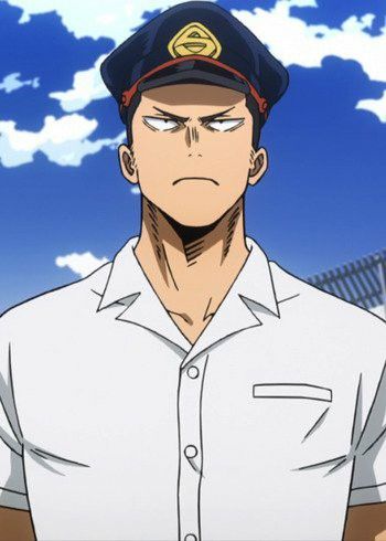 this is an anime cartoon drawing of a male character with serious expression wearing white shirt with black collar and black cap on his head with a white headband. the background has a blue sky with white clouds and a white fence with black metal structure.