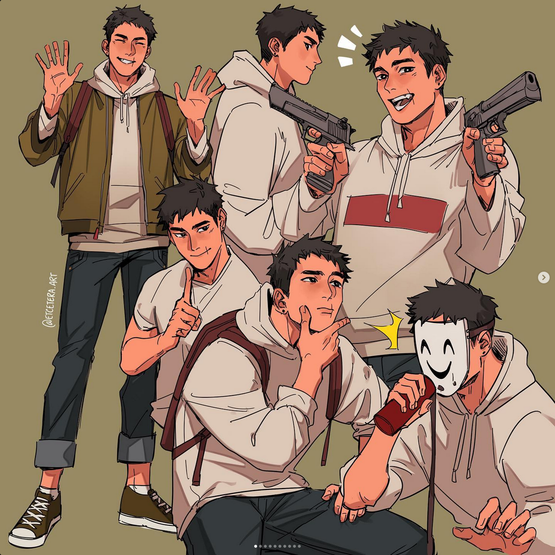 a digital illustration showcasing a young man in various poses. the style is reminiscent of anime and manga, featuring distinct linework and vibrant colors. he is depicted wearing trendy casual clothing like a hoodie and bomber jacket. some poses feature the character holding a gun and wearing a mask.