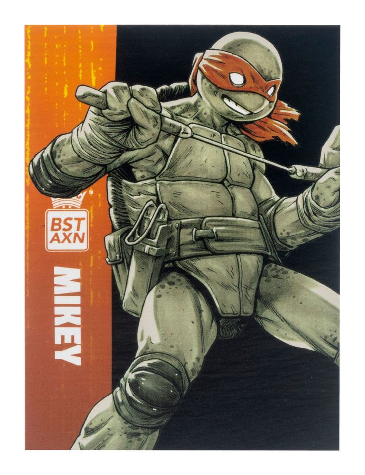 a comic book style illustration of michelangelo from the teenage mutant ninja turtles. he is shown in his classic green ninja suit with his orange mask and bandanna. he is in midair holding a katana. he has a determined look on his face as he charges toward the viewer.