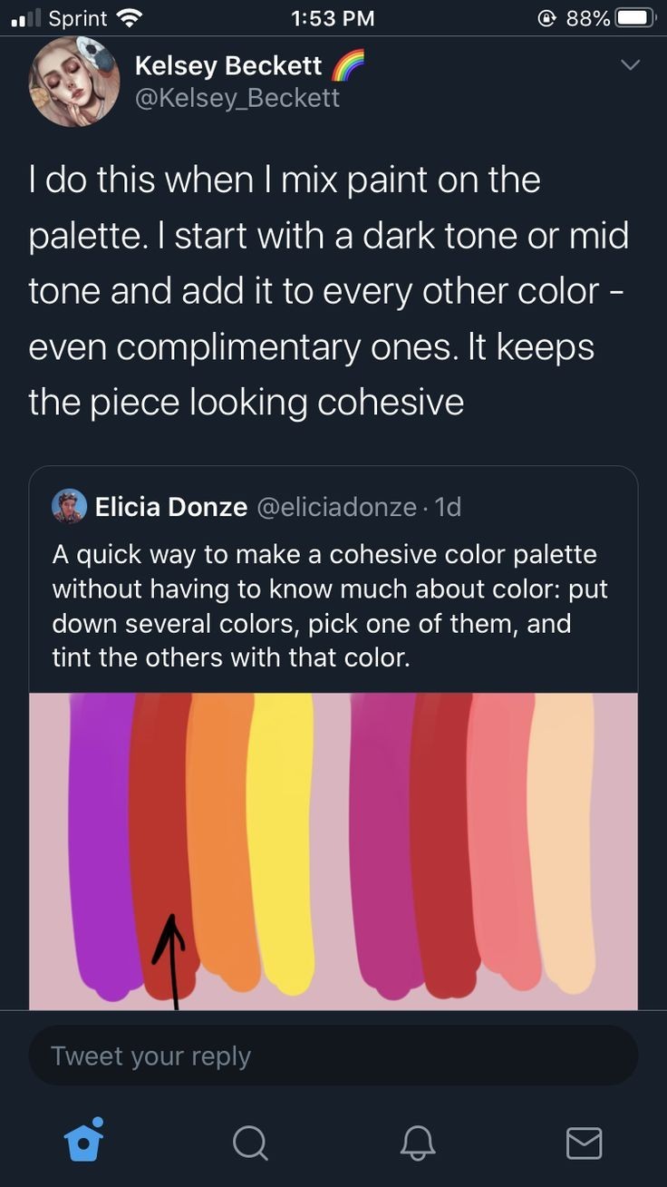 he image shows a screenshot of a twitter thread about color mixing. the first tweet is from a user named kelsey beckett, who describes her technique for creating a cohesive color palette by starting with a dark or mid tone and adding it to every other color. the second tweet is from a user named elicia donze, who shares a similar tip: put down several colors, pick one, and tint the others with it. the tweet includes a photo of a paint palette with various shades of pink, orange, and red, demonstrating this technique. one color is indicated by an arrow, suggesting it as the chosen color to tint the others.