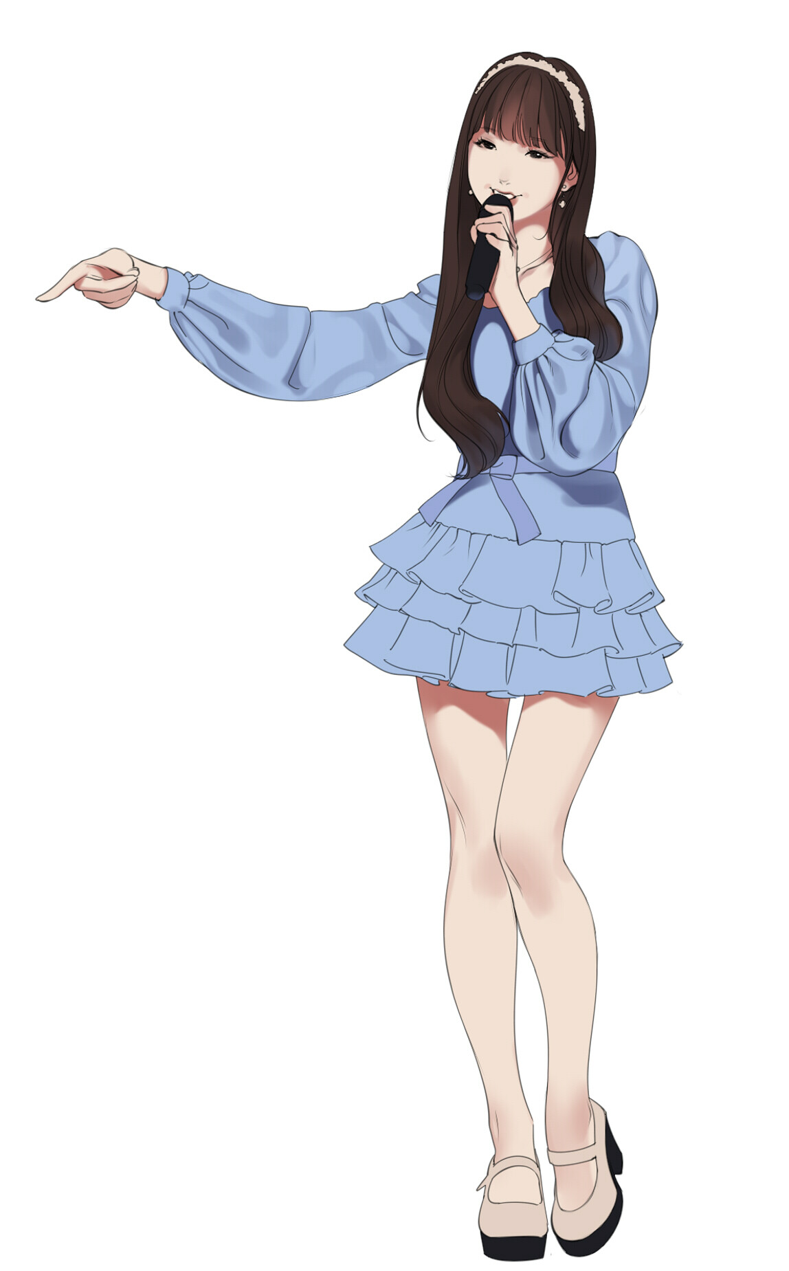 a young woman in a blue dress stands on a stage, singing into a microphone. she's captured in a fullbody pose with a slight low angle. her right hand points to the side, while her left hand holds the microphone close to her mouth. she appears to be a kpop idol, radiating a cute and fashionable aura during a performance. the image utilizes studio lighting for a bright and polished look.