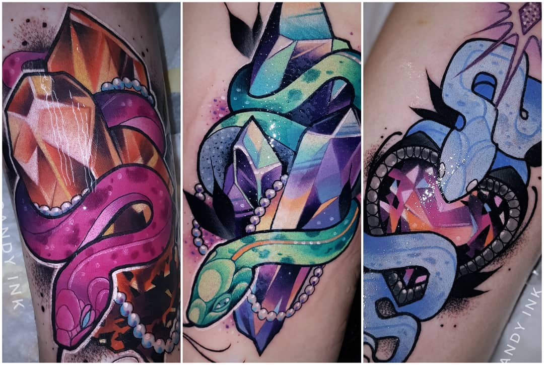 three tattoos of snakes wrapped around crystals. the snakes and crystals are different colors in each tattoo. the first tattoo features a magenta snake and an orange crystal, the second tattoo features a green snake and a purple crystal, and the third tattoo features a blue snake and a pink crystal.