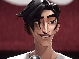 this is a closeup shot of an adult, male, animated character. he has dark hair and is wearing a white shirt. he seems to be smiling and about to speak, with a microphone in front of him. the background is blurry, and he appears to be indoors.  the character has a stylized design, typical of modern 3d animation.