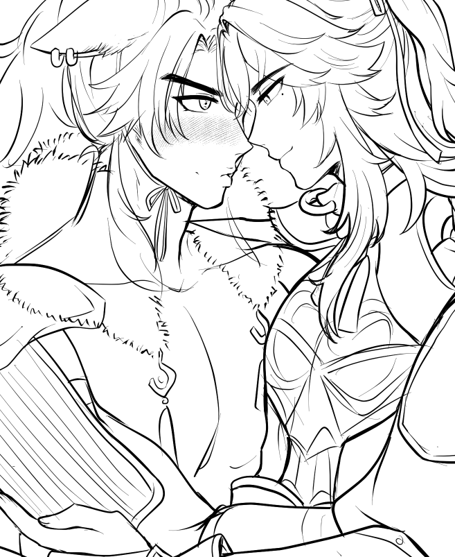 a black and white illustration of two anime boys looking at each other with affection. they are both