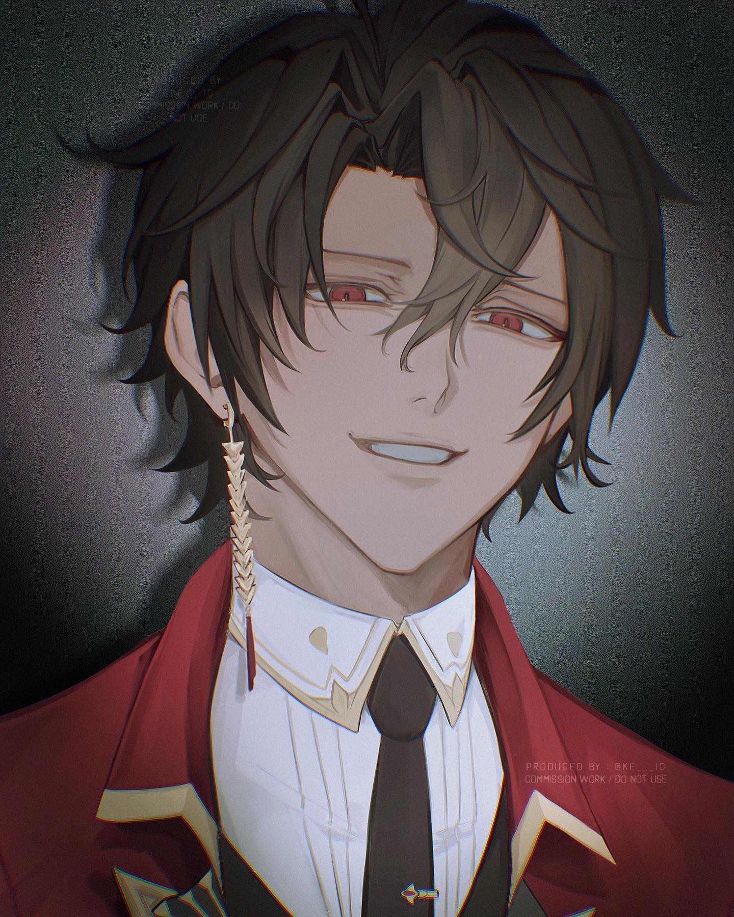 a digital portrait of a young man with dark brown hair and red eyes. he is wearing a red jacket with gold trim over a white shirt and black tie. he is also wearing a long, gold earring. the background is dark gray. the man is smirking slightly and his eyes are narrowed. the overall impression is one of confidence and perhaps a touch of mischief.