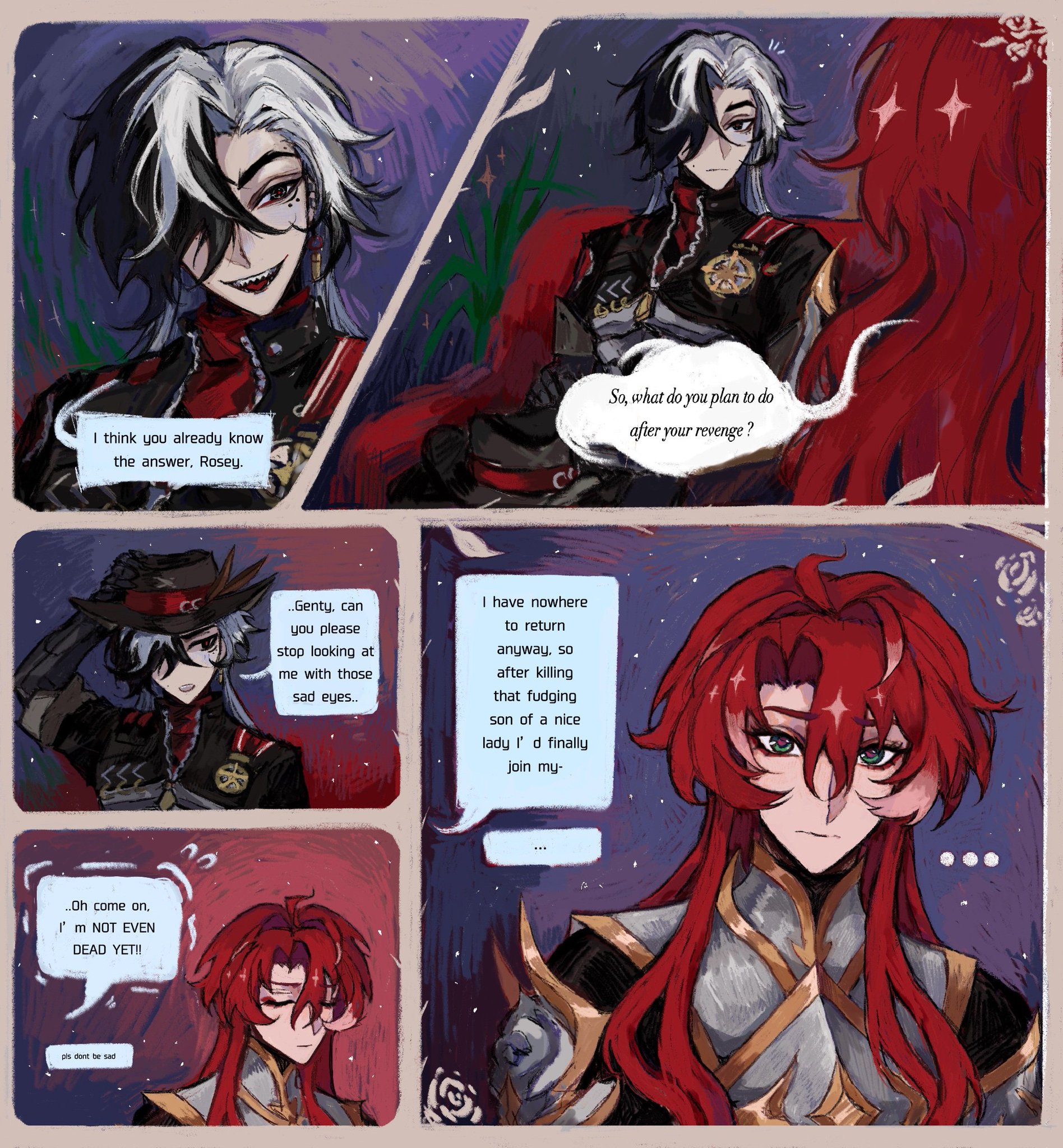 he image is a fourpanel comic or mangastyle illustration featuring several stylized male characters. the art style is animeinspired, with vibrant colors, expressive characters, and detailed backgrounds. the first panel shows two characters in a conversation, one with silver and black hair, and the other in shadows, seemingly discussing revenge and future plans. the second panel shifts the focus to another character with long red hair, who appears to be grieving or contemplating their actions.  the third panel shows a small interaction between the silverhaired character and the redhaired character, showcasing their relationship dynamics. the final panel shows the redhaired character alone.  the overall tone of the artwork is dramatic and emotionally charged, suggesting a complex narrative centered on revenge, relationships, and emotional turmoil. the text within the panels provides dialogue and narrative context. the style is intricate, demonstrating attention to detail in both character designs and the overall composition of the scene.