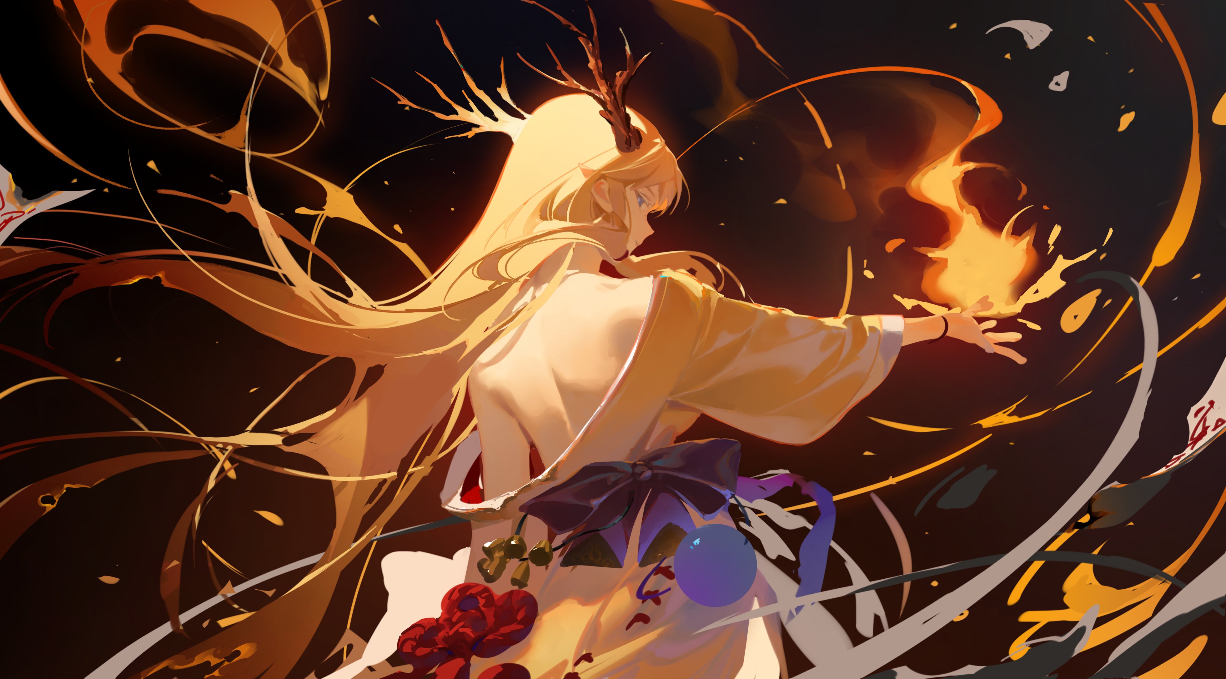 a young woman with long blonde hair, horns, and glowing eyes is depicted from the back, showcasing her magical abilities. she's cloaked in a flowing yellow dress adorned with red flowers and a large purple bow. her right hand is outstretched, summoning a vibrant stream of fire that swirls around her. the background is a dark, abstract canvas accented by streaks of white and orange, emphasizing the magical energy emanating from her.