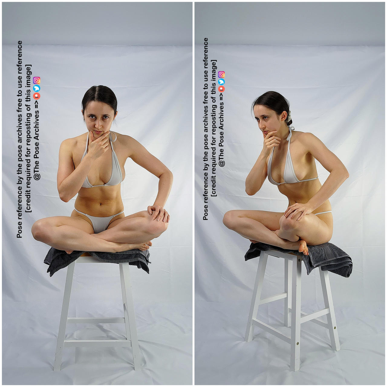 a woman in a bikini sits on a stool with a towel draped over it, her hand resting thoughtfully on her chin. the two images show the same pose from slightly different angles. the background is plain white, and the lighting is soft and even. this appears to be a reference image for artists.