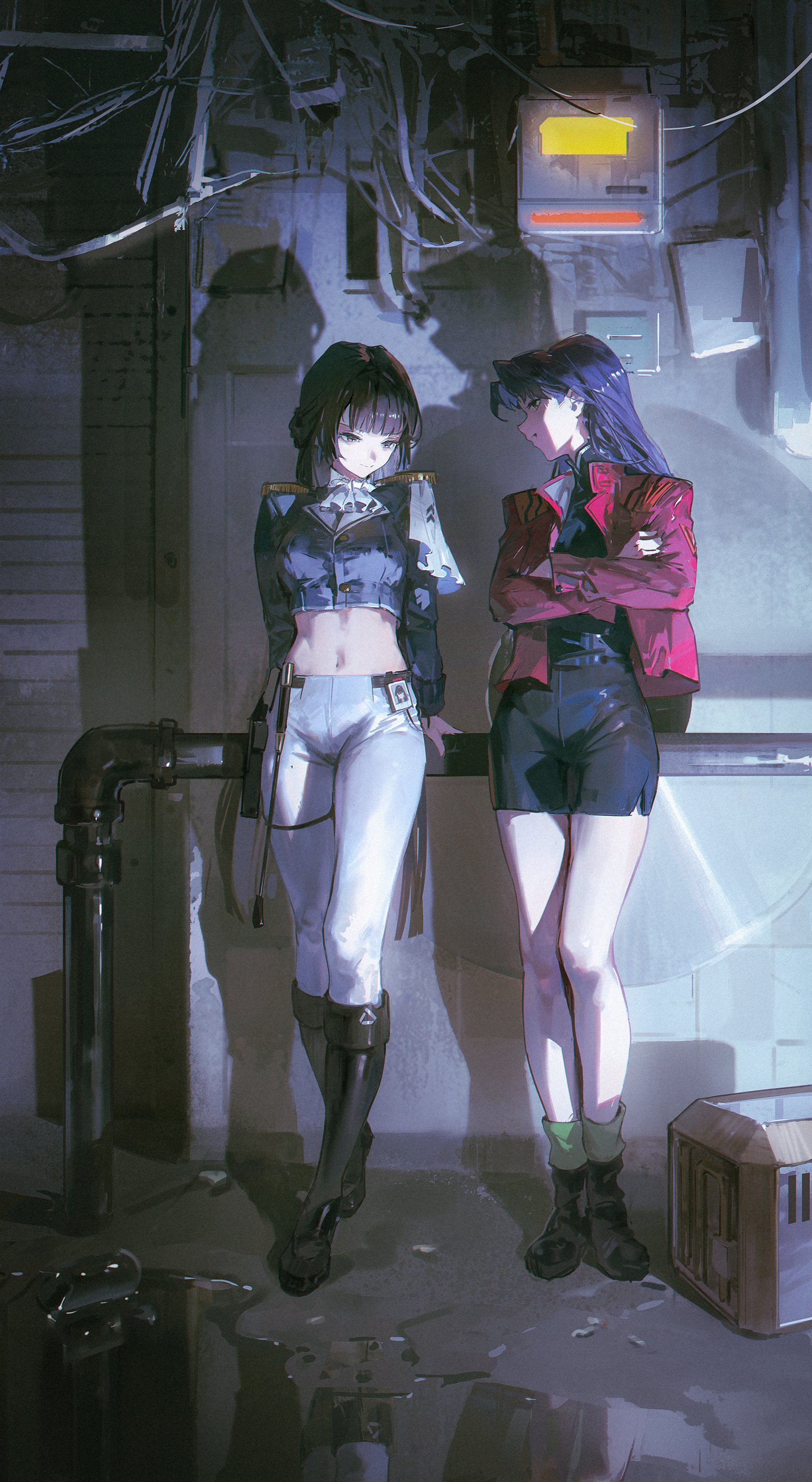 this anime illustration shows two girls standing in a dark alleyway. they are both wearing stylish outfits and boots, and their expressions are serious. the background is filled with metal pipes, and the floor is wet. there is a box on the right side of the image that is partially out of view. the entire scene is dark and moody.