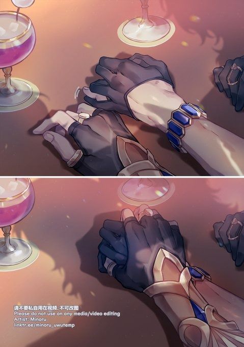 the image is a digital fanart depicting a romantic scene between two characters. the focus is on their hands clasped together on a table, showcasing intricate details of their gloves, bracelets (one blue and the other gold), and rings. the setting is dimly lit, with wine glasses adding to the elegant atmosphere. the style is animeinspired, with a soft, detailed rendering of the characters' hands and jewelry. the overall mood is intimate and romantic. the artist's signature and a note requesting no unauthorized use are also visible. the image is split into two similar close up shots of the clasped hands.