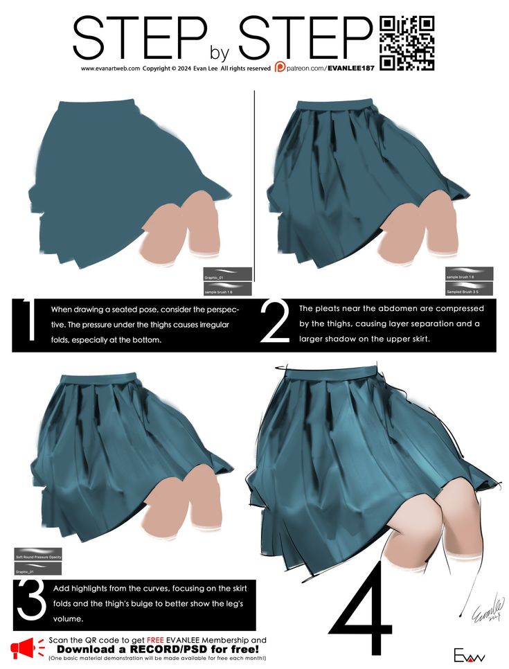 a fourstep tutorial on how to draw a pleated skirt in a seated pose. the tutorial shows how to add shadows and highlights to create a realistic effect. each step contains a numbered graphic and a short description of what to do in that step.