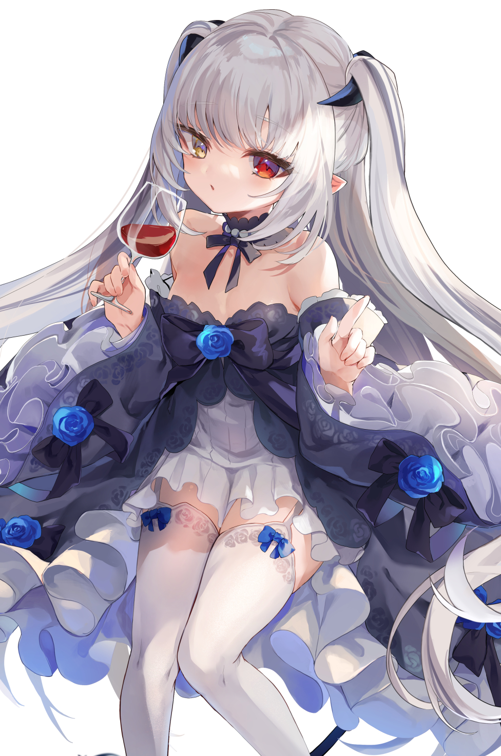 the image showcases a digital drawing of a charming anime girl. she possesses striking features: long, flowing white hair styled in twintails adorned with small devil horns, and captivating heterochromia iridum (one yellow and one red eye).  she's elegantly dressed in a gothic lolitastyle dress, predominantly dark blue and white with blue rose accents.  the dress includes a ruffled hemline, offtheshoulder design and a white petticoat peeking beneath. she's wearing white stockings and thigh highs with delicate blue ribbon accents. in her hand, she holds a wine glass, adding a touch of sophistication to her demeanor.  the overall style is meticulously detailed and charming, displaying a fantasyinspired character with a mix of cute and elegant elements. the background is plain white, keeping the focus entirely on the character.