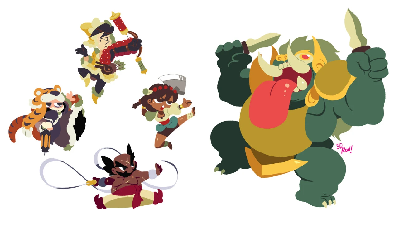 this illustration depicts five cartoon characters.  the characters are fighting against a large green ogre holding two daggers.  in the bottom left is a man with black hair and a brown body holding a lasso.  above him is a tiger in a white furry coat with a gun in his hand. in the top right is a green goblin with a beard, tusks and a big mouth with a long tongue.  above him is a woman with dark hair and brown eyes.  she is wearing a green and white outfit.  to the left of her is a man with black hair and a  red and yellow outfit.  he is holding a bow and arrow and looks like a hunter or ranger.