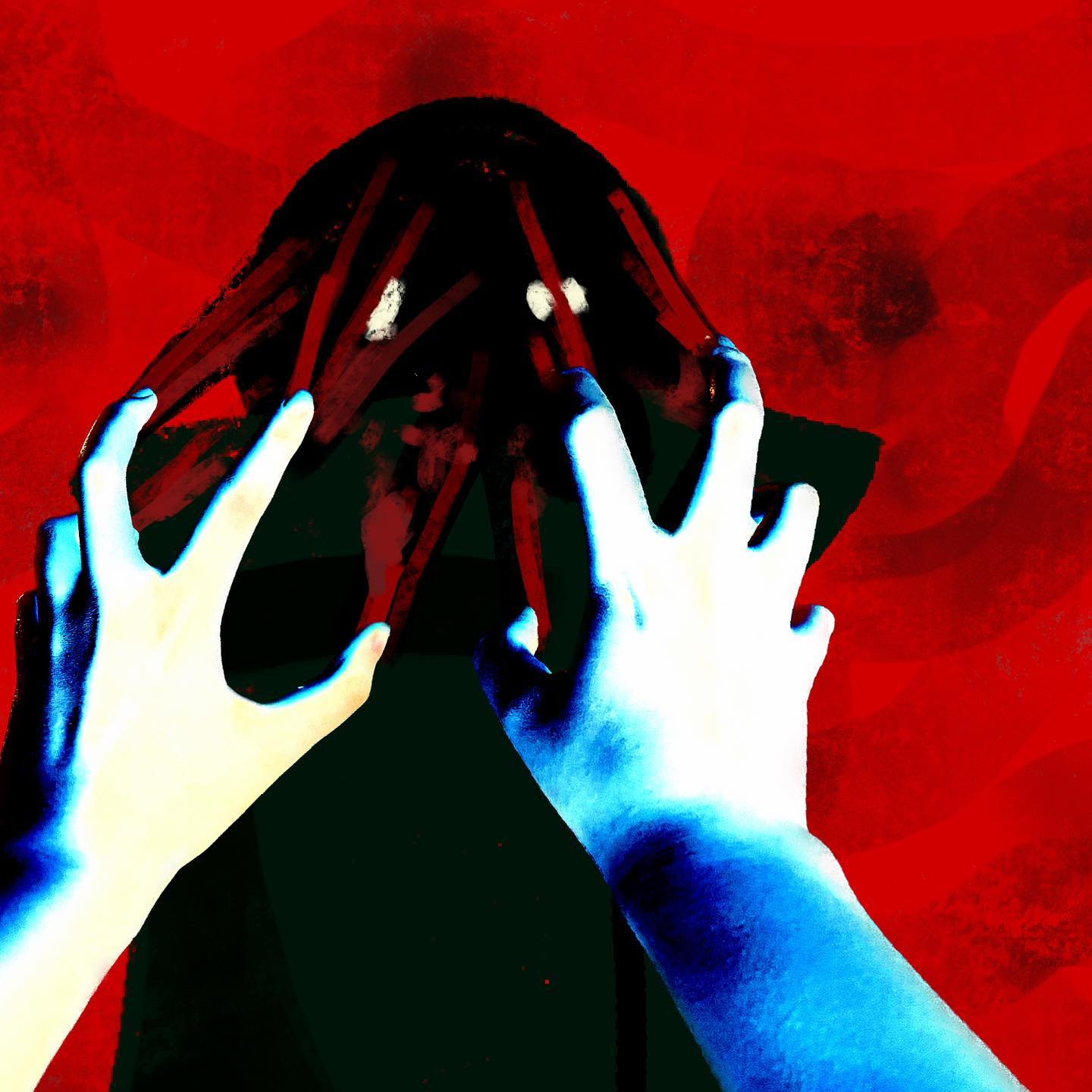 a pair of hands, one white and one blue, reach up towards a dark, monstrous figure. the figure has a bulbous head covered in red, veinlike lines and its eyes are barely visible. the background is a swirling pattern of red and black, adding to the unsettling and nightmarish atmosphere.