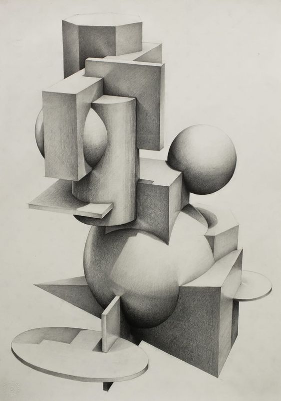 the image is a detailed pencil drawing depicting a complex arrangement of geometric shapes.  the shapes, primarily cubes, spheres, and cylinders, are intricately interwoven, creating a threedimensional illusion on the twodimensional surface.  the artist utilizes masterful shading techniques to convey volume and light, showing a high degree of skill in rendering form and space. the overall style is realistic, yet abstract due to the unconventional arrangement of the geometric forms.  the piece is entirely monochromatic, relying on variations in grayscale to create depth and visual interest.