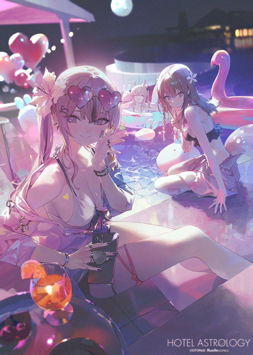 he image showcases two anime girls enjoying a nighttime pool party. the setting is vibrant and lively, illuminated by neon lights and string lights shaped like hearts. one girl, with pink hair and heartshaped glasses, sits on the edge of the pool with a polaroid camera. she's dressed in a pink bikini top and shorts, radiating a playful and stylish aura. the other girl, with brown hair and a flower in her hair, sits on an inflatable flamingo in the pool, wearing a black bikini top and shorts. she exudes a more relaxed and carefree vibe. the overall atmosphere is cheerful, capturing the essence of summer fun and friendship.