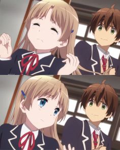 the image features a splitscreen of two anime characters, a boy and a girl, presumably in a classroom setting. the girl, with long blonde hair and blue eyes, is the focal point, her expressions changing between the top and bottom panels. in the top panel, her eyes are closed with a gentle smile, hinting at blushing and a shy demeanor as the boy playfully ties her hair. the bottom panel captures her with wide, bright blue eyes, a mix of surprise and happiness on her face as the boy interacts with her. the boy, with brown hair and green eyes, sports a playful smirk in both panels, highlighting his enjoyment of teasing the girl. they both wear typical japanese school uniforms. the soft lighting and pastel palette enhance the innocent and heartwarming atmosphere of the scene.