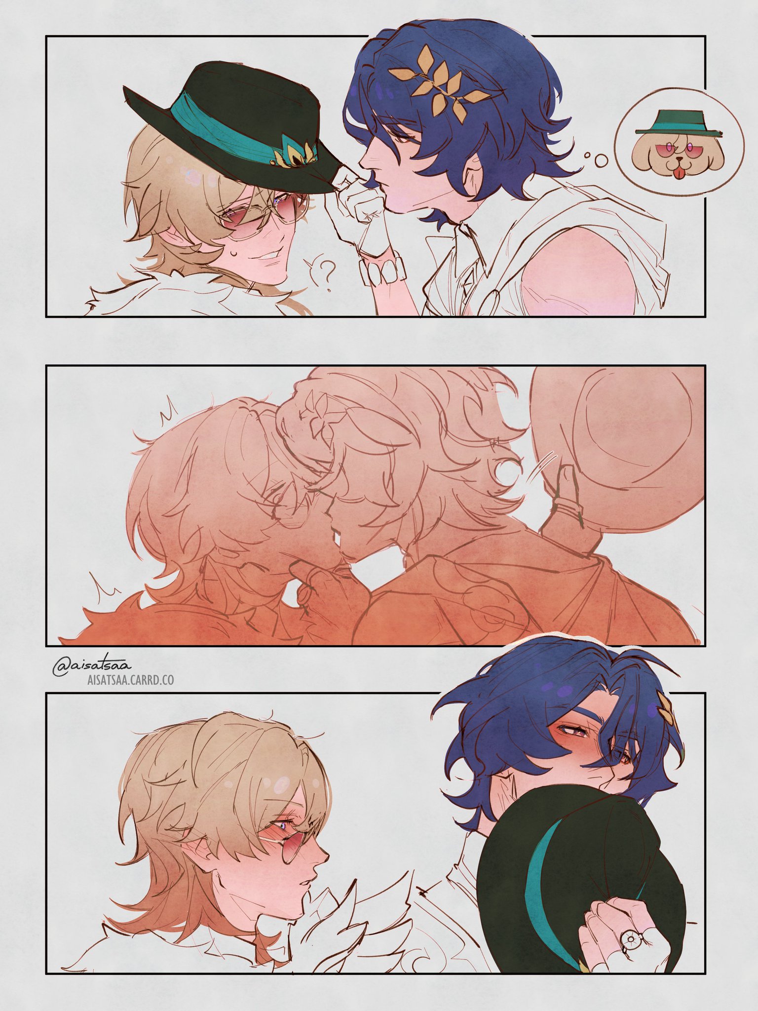 the image is a collection of four panels showing different romantic interactions between two animestyle male characters.  the first panel depicts one character helping the other put on a hat.  the second shows a tender kiss or close embrace. the third panel shows a similar tender moment with one character wearing a hat and the fourth shows one character holding out a hat to another. the style is soft and pasteltoned, with a focus on the characters’ gentle and affectionate interactions. the art style suggests a possible reference to the video game genshin impact. the watermark "@aisatsuaa aisatsaa.carrd.co" appears in the bottom left corner of the image. a small dog wearing a hat is shown in a thought bubble in the first panel.