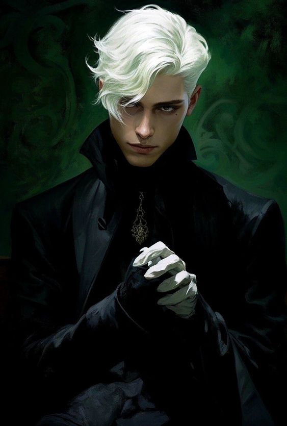 the image showcases a striking portrait of a young man with an air of fantasy. he is clad in an elegant, dark attire that contrasts beautifully with his pale skin and stark white hair.  he is positioned against a deep green background that further emphasizes his presence. the dramatic lighting casts intriguing shadows, adding to the overall captivating aura.