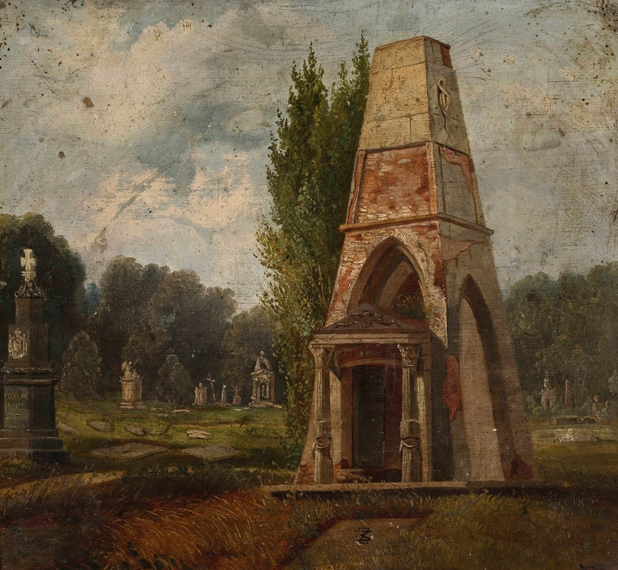 the painting depicts a cemetery with various tombstones and monuments, including a tall, obeliskshaped mausoleum in the foreground. trees and grass fill the landscape, and the sky is cloudy.