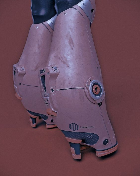 the image showcases a pair of futuristic robotic legs, possibly belonging to an android or advanced humanoid robot. they are designed with a blend of practicality and sleek aesthetics. the legs are predominantly a muted beige, hinting at potential wear and tear, and feature intricate details like metallic joints, textured surfaces, and what appears to be a brand logo "ubrvity."  the perspective is from a low angle, giving the viewer a sense of looking up at the robot.