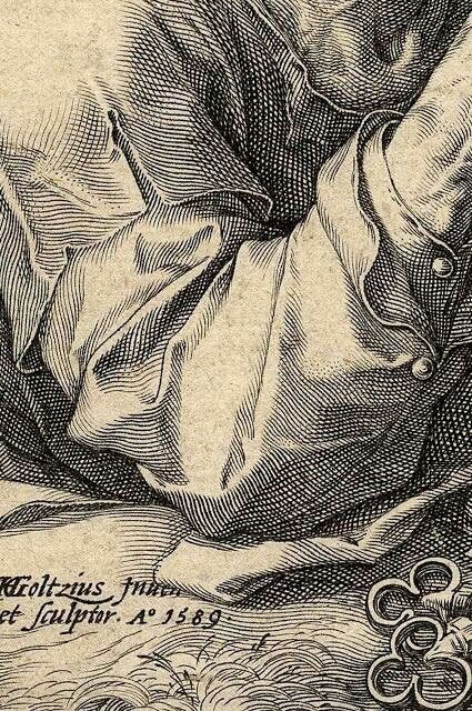 a closeup detail of a black and white etching or engraving, likely from the 16th century, showcasing highly detailed rendering of fabric folds and textures. the image focuses on the draped clothing of a figure, possibly a statue or religious depiction. the artist's signature "holtzins f[ecit] et sculptor a° 1589" is visible in the lower left corner, indicating the maker and date of creation. the style suggests a skilled artist capturing the realism of the folds and textures with fine lines and hatching. the overall tone is antique and vintage, indicative of an old master print.