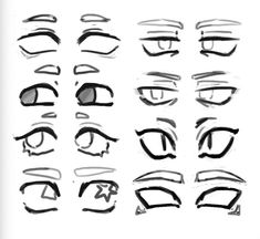 the image is a black and white drawing of various eye styles and expressions. there are 16 different eyes, arranged in four rows of four. the eyes are all drawn in a manga or anime style.