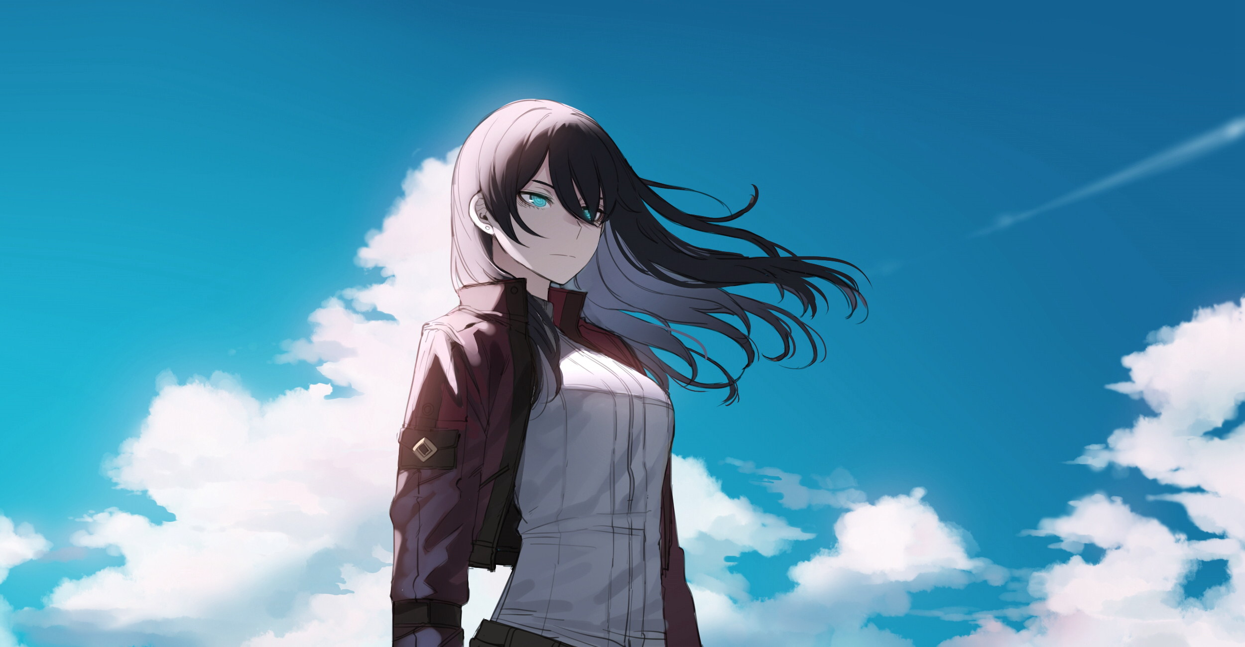 a young woman with long dark hair and bright blue eyes stands against a backdrop of vibrant blue sky and fluffy white clouds. her hair whips around her face as if caught in a gentle breeze. she wears a white, longsleeved shirt beneath a cropped reddishbrown jacket. her expression is stoic, giving her an air of quiet confidence. the image is reminiscent of anime style artwork.