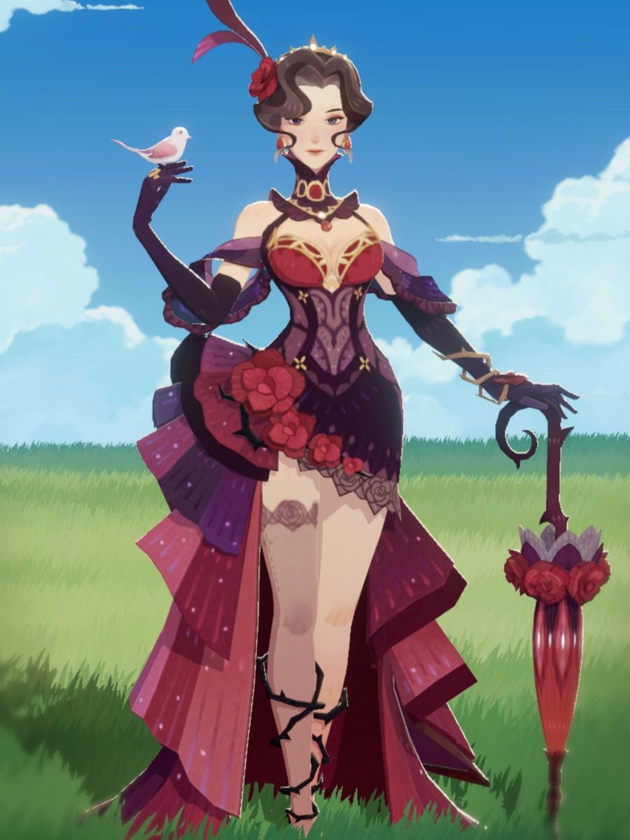 the image showcases a female character from a video game, likely genshin impact, standing in a grassy field. she wears an elaborate red and purple dress adorned with roses, and carries a matching parasol. she also holds a small white bird on her left hand. the overall aesthetic suggests elegance and a touch of fantasy. the scene is brightly lit, suggesting a sunny day.