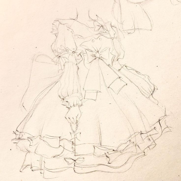 a beautifully detailed pencil sketch of a frilly lolita fashion dress. the dress features an abundance of ruffles, a large bow at the waist, and lace accents. the model is drawn from the knees down, and holds a string of beads in one hand. the artist's delicate linework emphasizes the intricate details of the garment.