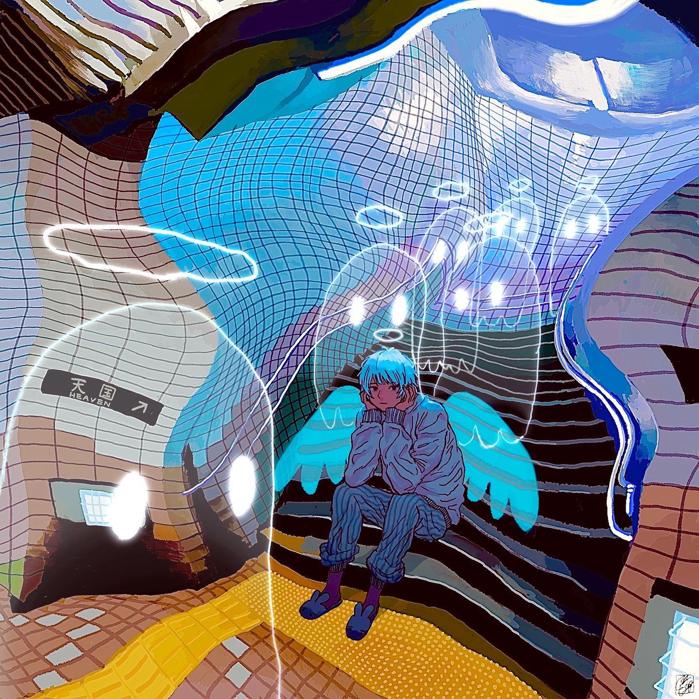 the image is a vibrant, surreal digital illustration featuring a young animestyle boy with light blue hair and angel wings sitting on a bench in what appears to be a distorted, dreamlike subway station. the station's architecture is warped and flowing, with reflective surfaces and a gridlike pattern that creates a sense of depth and movement.  glowing, translucent ghostlike figures surround the boy, adding to the ethereal atmosphere. a sign in japanese that translates to "heaven" is visible, reinforcing the otherworldly setting. the overall color palette is dominated by blues, purples, and neon accents, further enhancing the psychedelic and dreamlike quality of the artwork. the style blends elements of anime and manga with a uniquely surreal and abstract approach to perspective and space.
