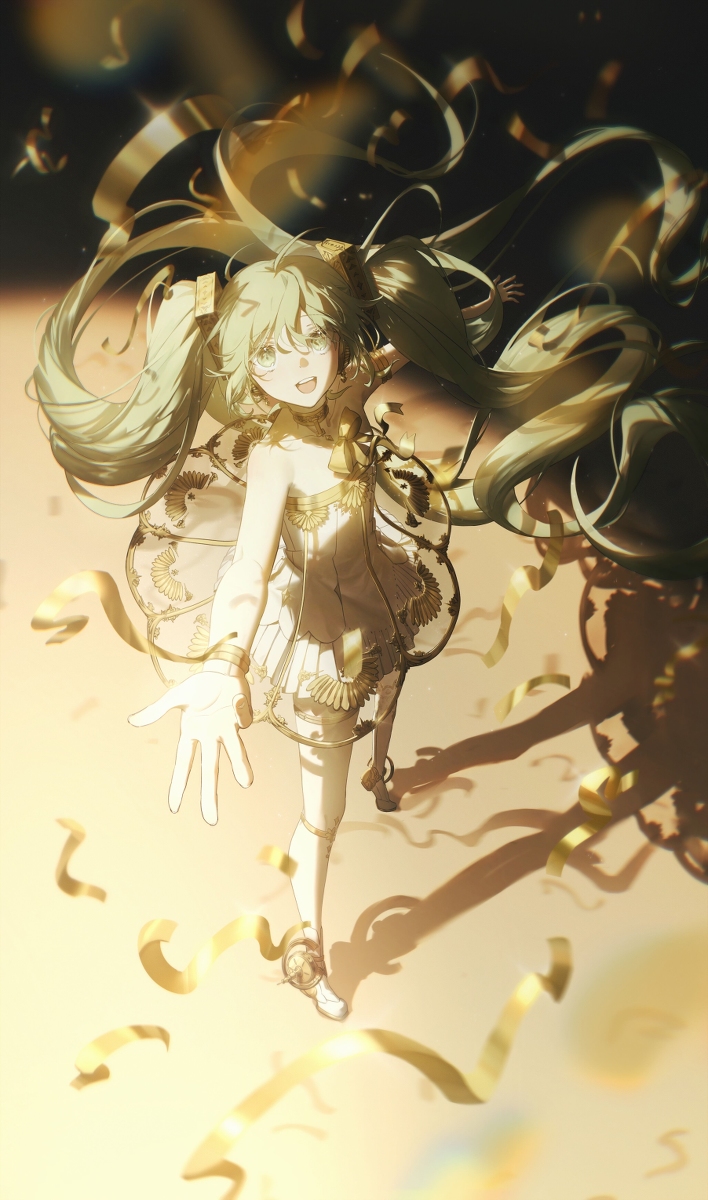 a full shot anime style illustration depicting a young girl with long, blonde twintails and green tinted glasses. she is smiling and looking up with one hand outstretched towards the viewer. she is wearing a frilly, white dress with gold accents. around her are golden ribbons and confetti, giving a festive atmosphere. sunlight illuminates the scene, casting shadows and creating a warm, inviting ambiance.