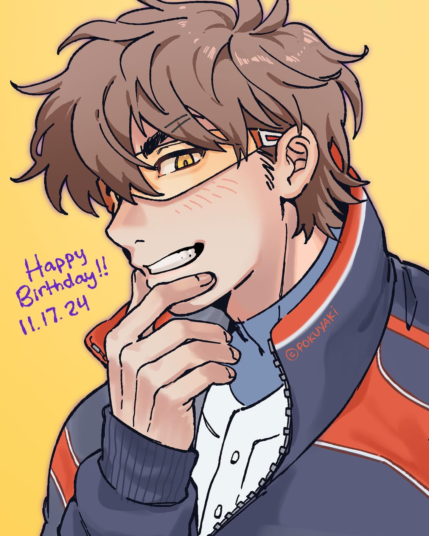 the image is a digital fanart depicting a male anime character celebrating his birthday (november 17th, 2024). he has brown, slightly messy hair, is wearing sporty attire with orange and dark blue accents, including a jacket zipped up to his neck.  he's wearing glasses and has a happy, almost mischievous expression with a slight blush on his cheeks. his hand is up to his chin in a thoughtful or selfaware pose. the art style is soft and stylized, with a light color palette and slightly cartoonish features.  a birthday message is included in the corner, and the artist's signature is visible on the jacket. the background is a plain yellow.