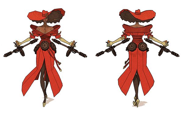 a drawing of a woman in red, with red hat, red dress and holding two guns. the image is in cartoon style, and it is a front and back view of the character.