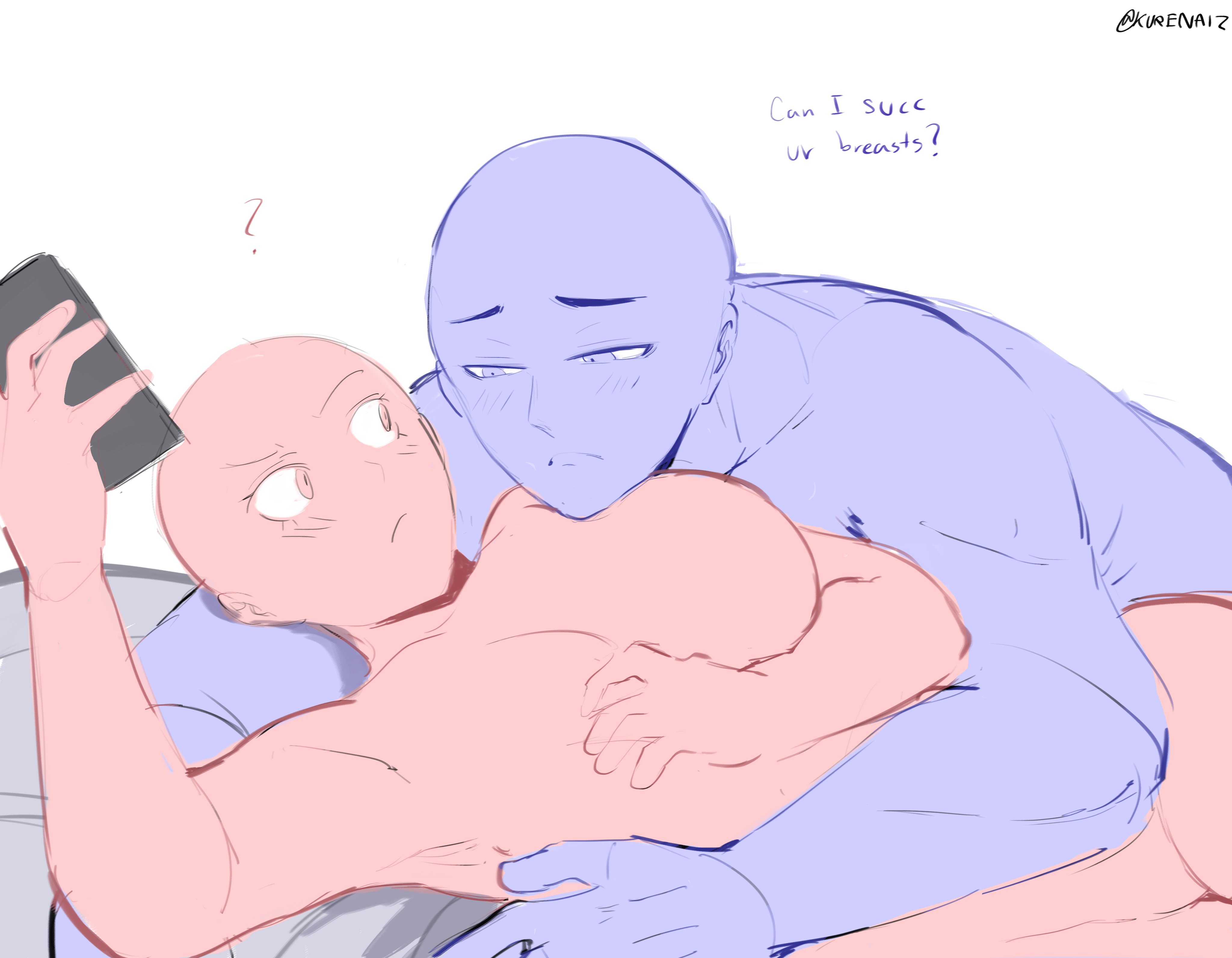this image depicts a digital sketch of two male characters, one of whom is holding a phone. the character on the left is looking at the phone with a confused expression, while the character on the right is looking at him with a blushing face. the caption above the