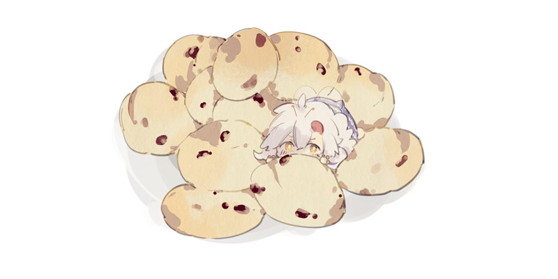 a cute anime girl with white hair and brown eyes is hiding in a pile of sweet bread buns. she's smiling and has red cheeks. the girl is dressed in purple and white clothes. the background is white. the image is drawn in a cute and kawaii style.