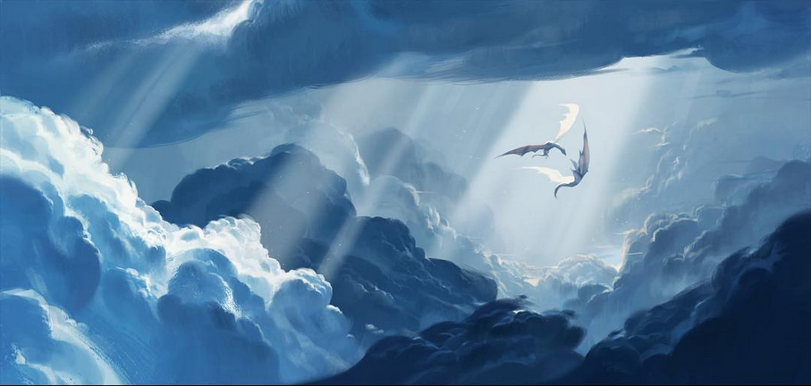 a breathtaking fantasy scene of two dragons soaring through a dreamy sky, a white dragon and a blue dragon, surrounded by fluffy white and gray clouds. sun rays pierce through the clouds, illuminating the majestic creatures in their ethereal flight. the image is a beautiful and magical depiction of dragons in their natural habitat, capturing the wonder and power of these legendary beings.