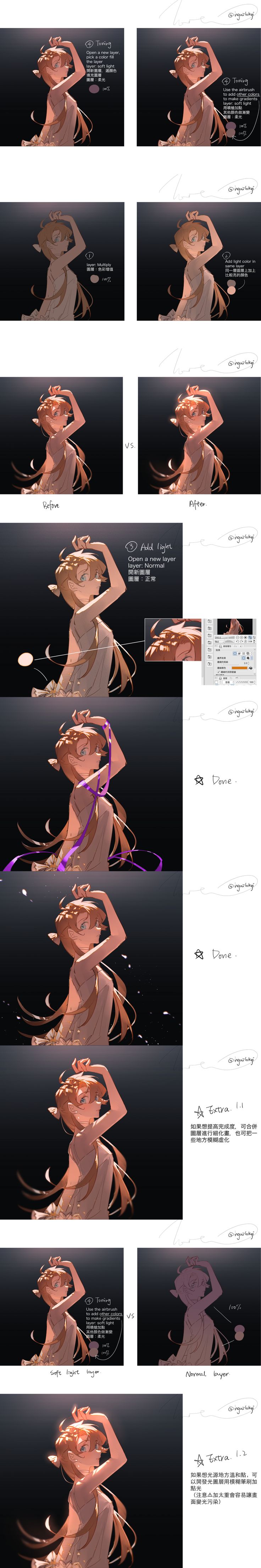 the image showcases a detailed stepbystep digital painting tutorial.  it shows the process of creating an ethereallooking animestyle female character from initial sketches and basic shapes to the final rendered image with intricate lighting and shading. each step displays subtle changes and refinements in the character's form, hair, clothing, and overall atmospheric effect.  the background is dark, allowing the character to stand out and highlighting the light effects used. the tutorial likely uses software like clip studio paint, judging by some screen elements shown.  the overall style is delicate, soft, and dreamlike.