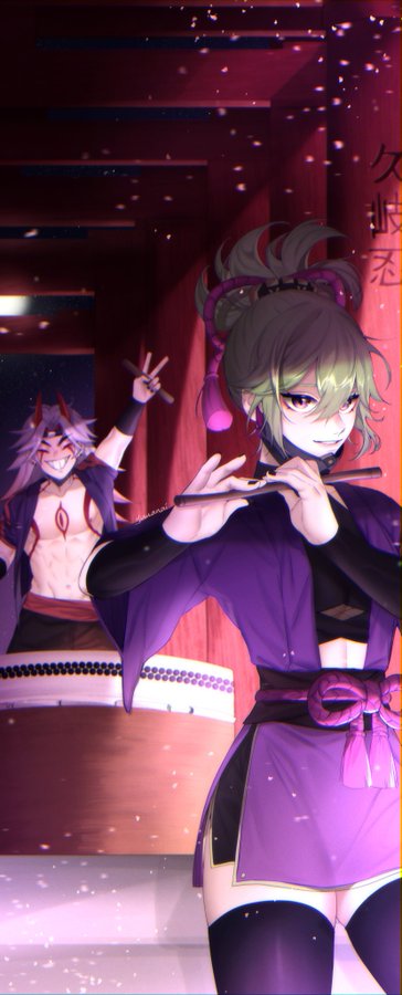 this is an anime illustration of a woman playing a flute. she is wearing a purple kimono with white and black accents. she is standing in a traditional japanese temple with a red background. her hair is green with a purple headband. she appears to be playing the flute for someone offscreen.