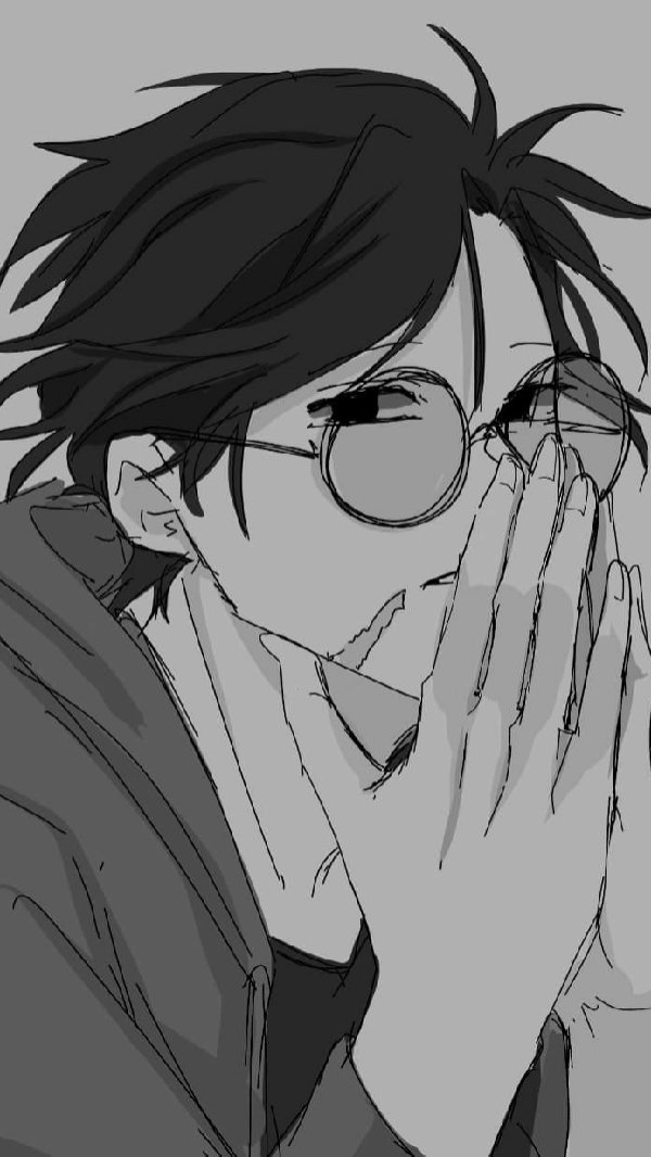 a black and white sketch or drawing of a young anime or manga style boy. he has dark, somewhat messy hair, round glasses, and is covering his face with his hand. he is wearing a hooded jacket. the style is loose and expressive, conveying a pensive or thoughtful mood. the focus is on his face and upper body.