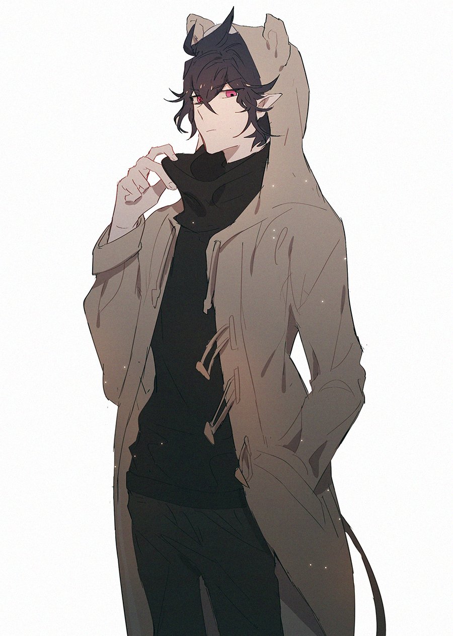 a digital drawing of a young anime character in a brown coat and a black scarf. he has black hair and red eyes. the character is looking off to the side with a cool expression. he is standing with his hand in his pocket. the background is white and simple.