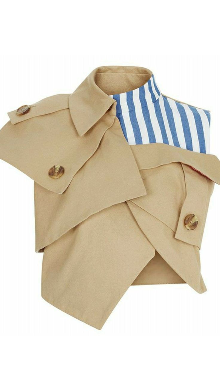 a tan trench coat styled top with blue and white stripes on the collar and lapel is shown. the top is arranged in a decorative manner, with multiple layers and folds. the color scheme is mainly tan, complemented by the blue and white stripes on the collar. there are buttons visible on the tan layers of the top.