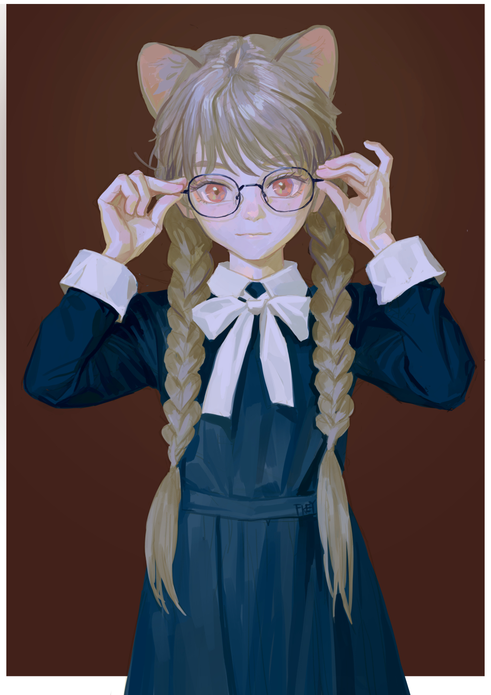 an animestyle illustration of a girl with cat ears, wearing glasses, and a blue dress with a white collar and bow. she has blonde hair in braids.