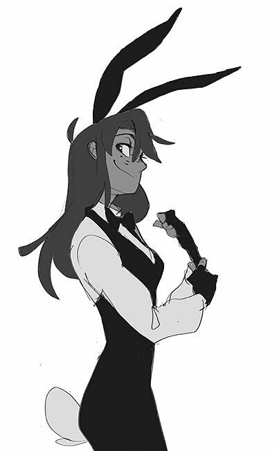 a black and white drawing of a woman with bunny ears, she has long hair and is wearing a black dress with a white collar. she has a smug look on her face and is holding her hand up with the other hand in her pocket. she is standing on the right side of the picture.