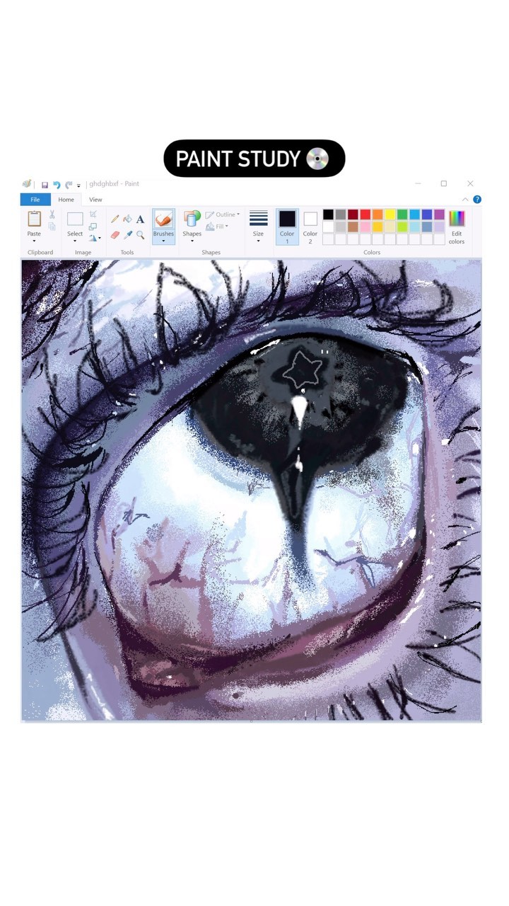 the image shows a digital painting of a closeup eye, created using the microsoft paint program, as evidenced by the visible paint toolbar at the top. the style is expressive and detailed, with a focus on texture and the emotional quality of the eye.  the eye itself is rendered with shades of purple, blue, and black, and features a distinctive black pupil with a small, starshaped element within it. the eyelashes are heavily emphasized, and the overall texture is somewhat rough and grungelike, reflecting the brushstrokes and the limitations of the software used. the piece is labeled as a "paint study," suggesting it's a work in progress or a practice piece.