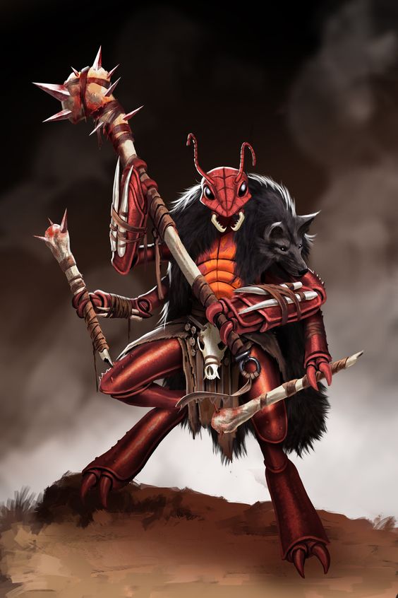 the image showcases a formidable anthropomorphic insect warrior. its exoskeleton is a vibrant red, contrasted by black fur draped over its shoulders. it wields a menacing spiked mace fashioned from bone and wood, and additional bone weapons adorn its arms. the warrior stands on a rocky outcrop against a dark, atmospheric backdrop. the low angle perspective enhances its imposing presence.